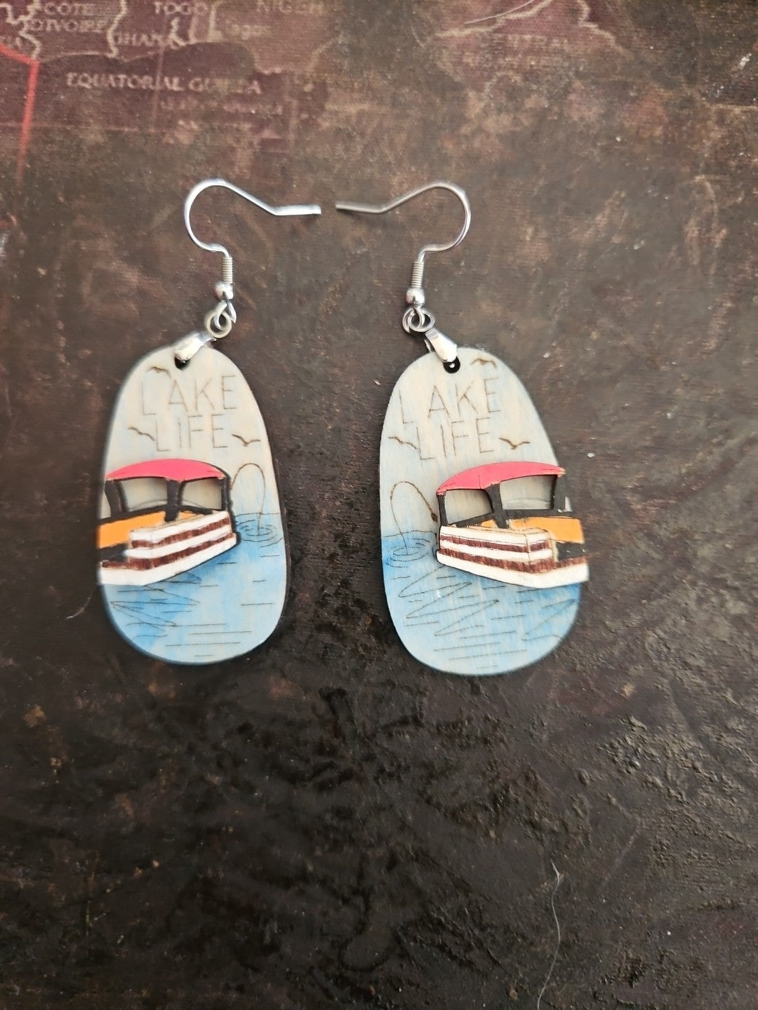 Handmade 3D Wood Cut Lake Life Earrings 2"