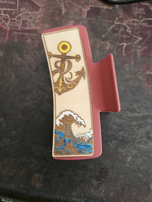 Handmade 2D Wood Cut Boat Anchor Hair Claw Clip 4" Hand Painted and Assembled