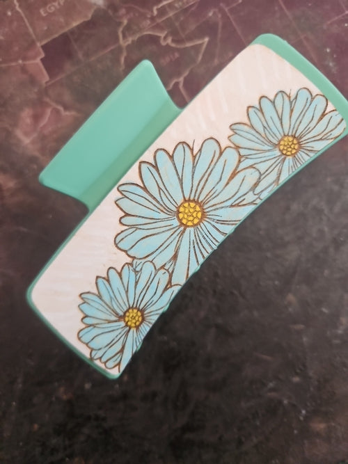 Handmade 2D Wood Cut Daisys Hair Claw Clip 4" Hand Painted and Assembled