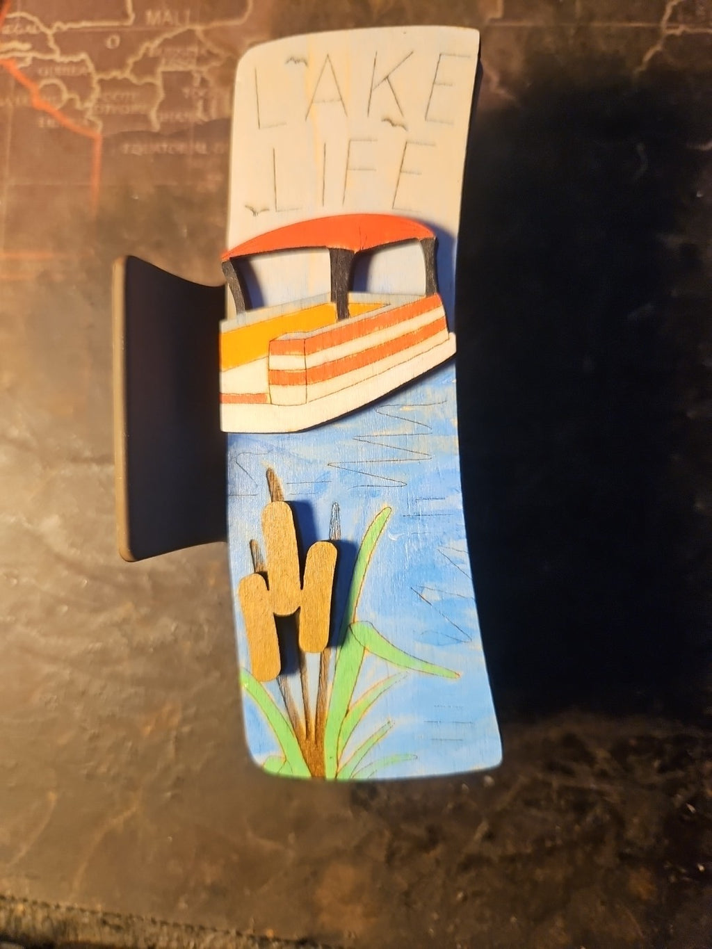 Handmade 3D Wood Cut "Lake Life" Hair Claw Clip 4" - Hand Painted and Assembled