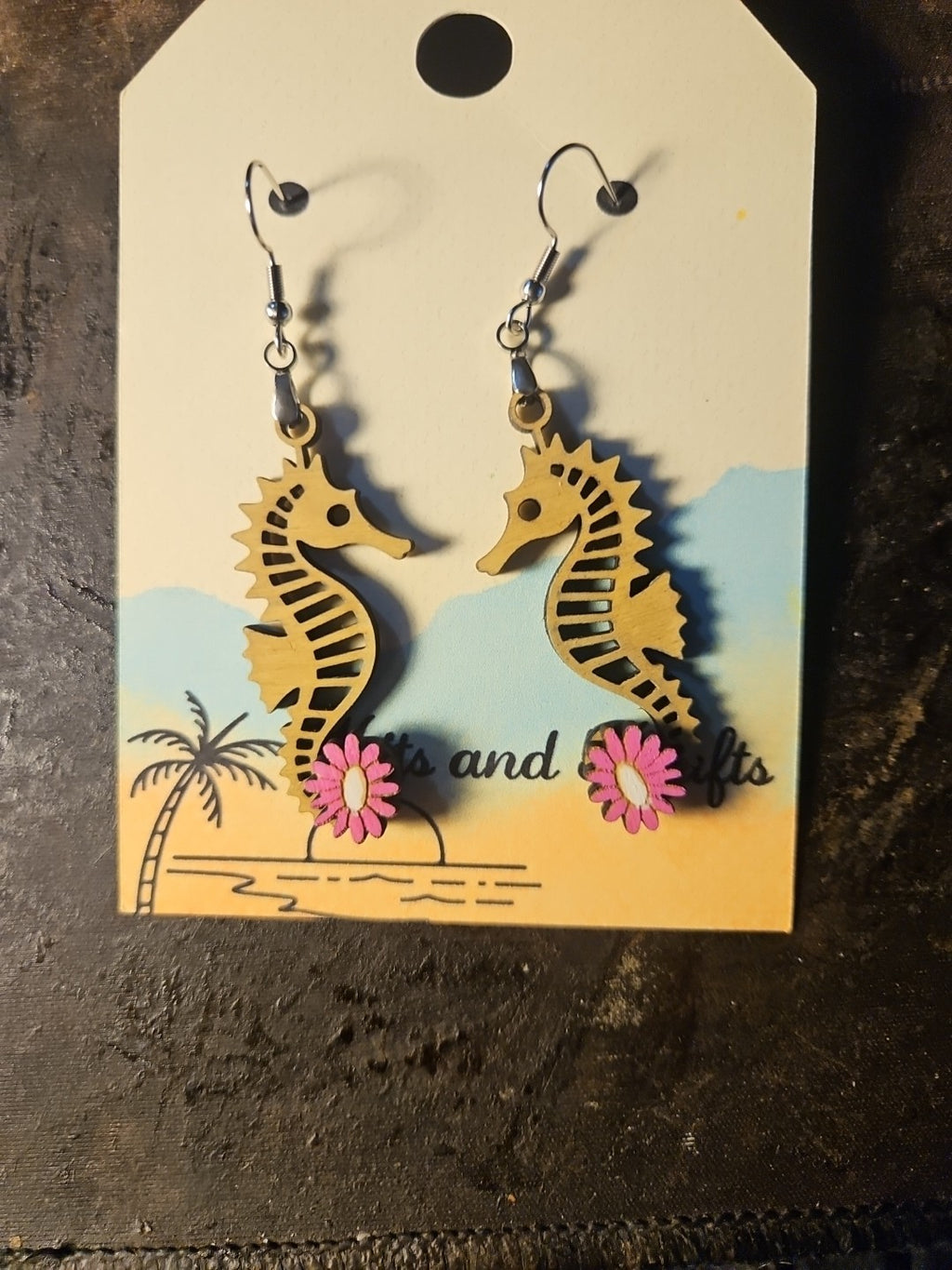 Handmade 3D Wood Cut Seahorse Earrings 2"