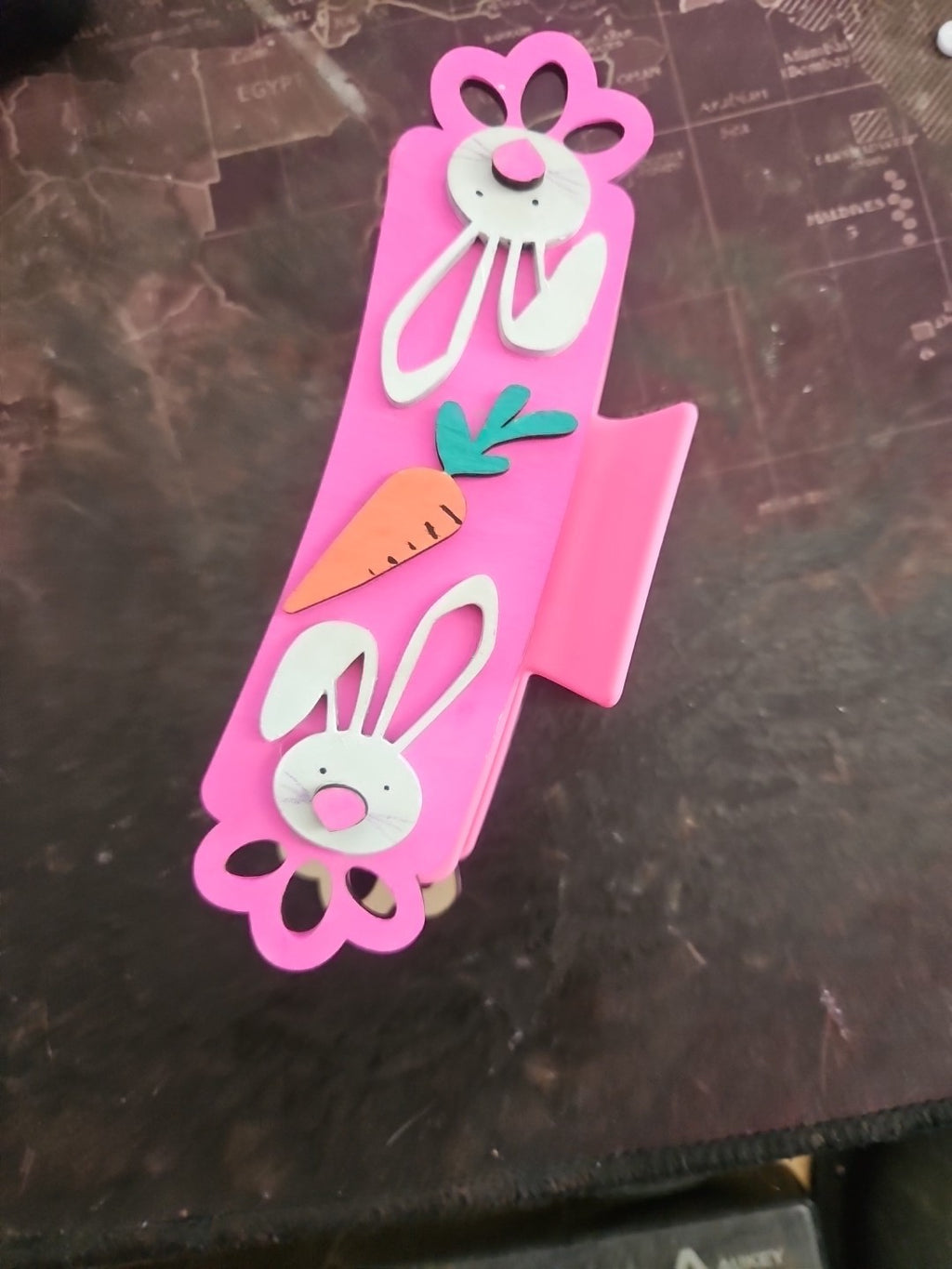 Handmade 3D Wood Cut Easter Bunny With Carrot Hair Claw Clip 4" Hand Painted 