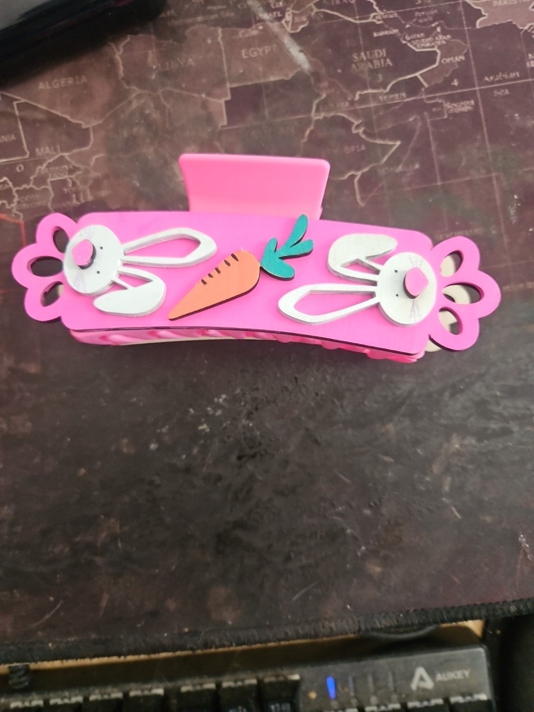 Handmade 3D Wood Cut Easter Bunny With Carrot Hair Claw Clip 4" Hand Painted 