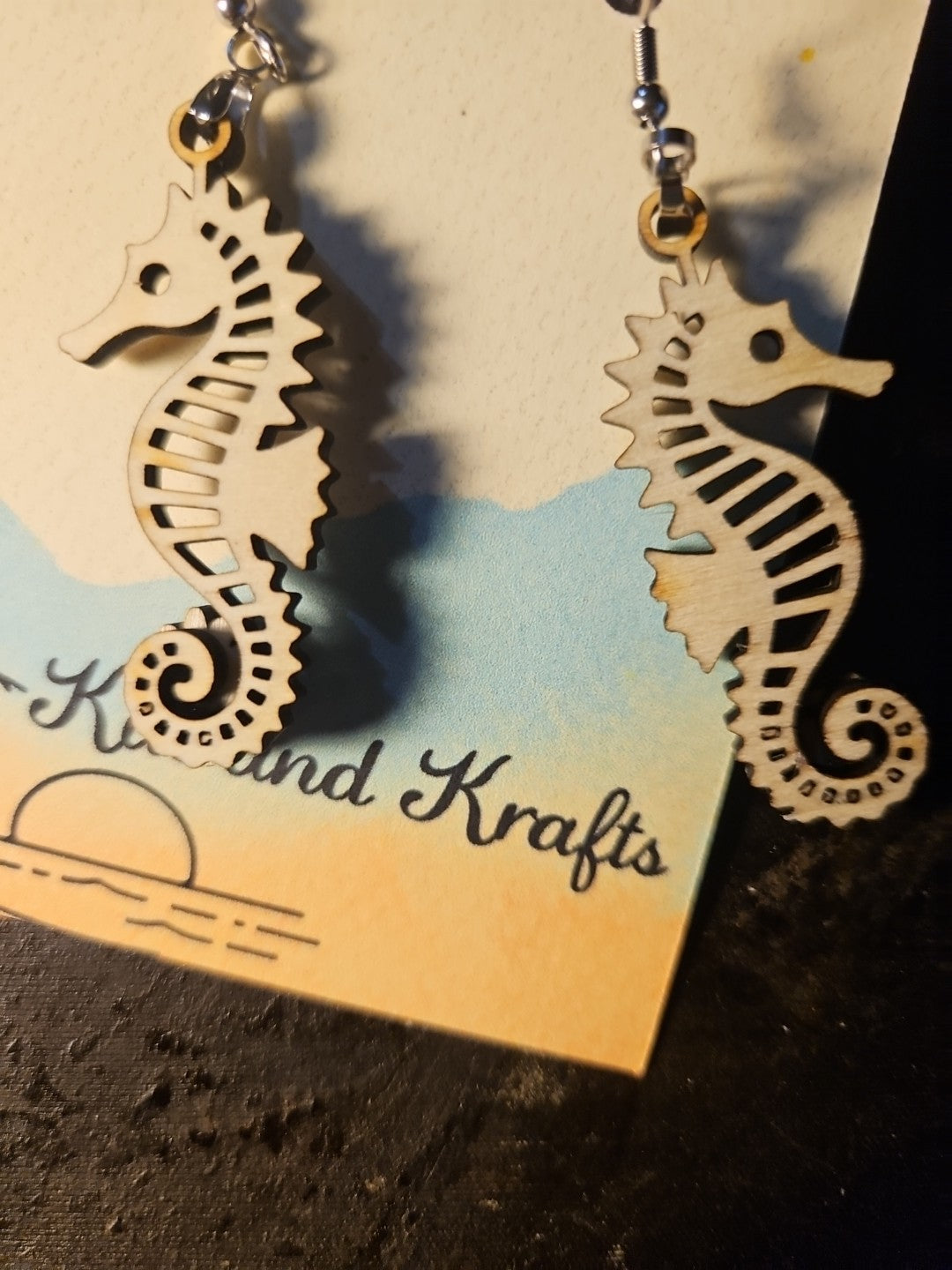 Handmade 3D Wood Cut Seahorse Earrings 2"