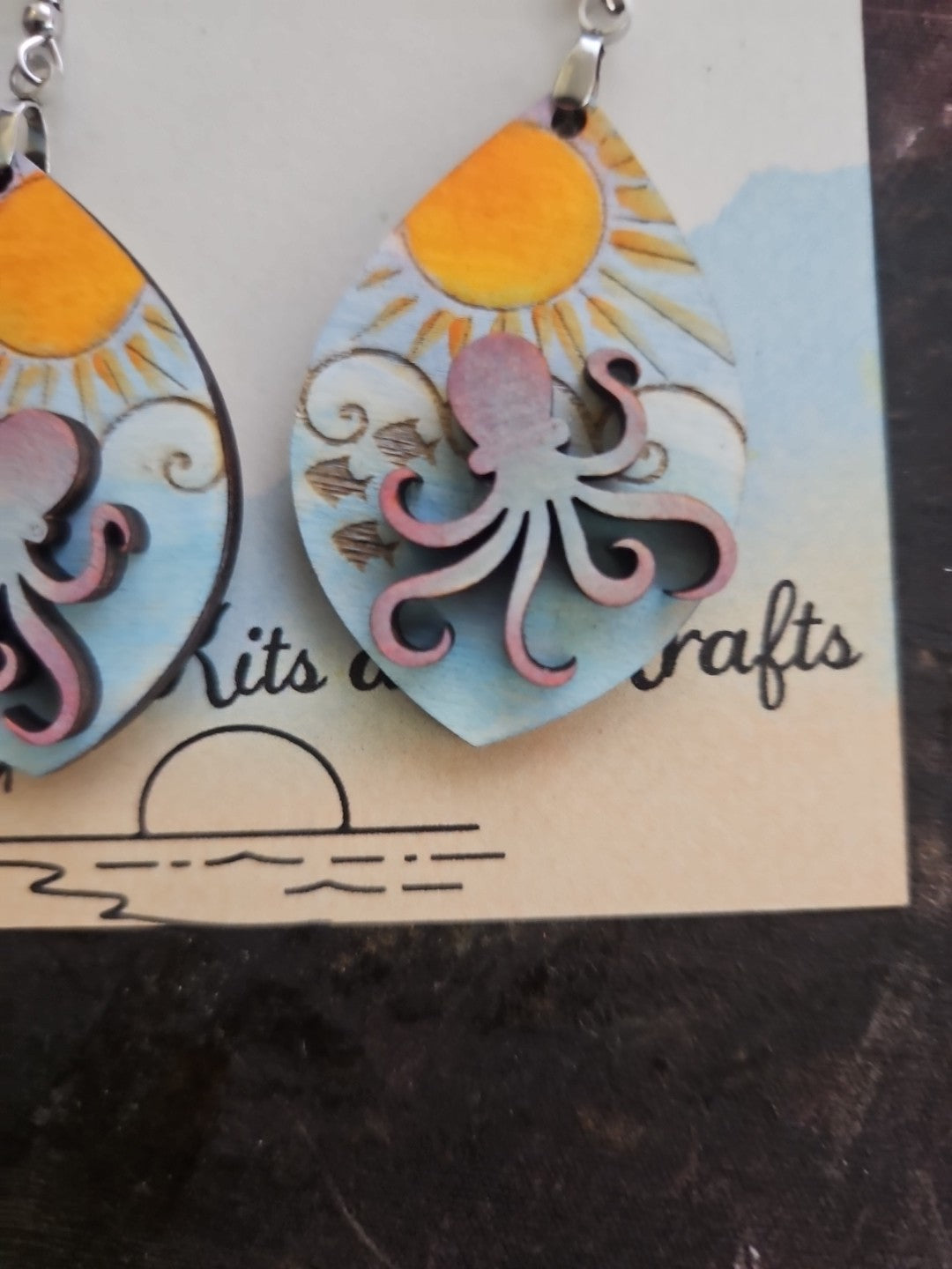 Handmade 3D Wood Cut Octopus  Earrings 2"