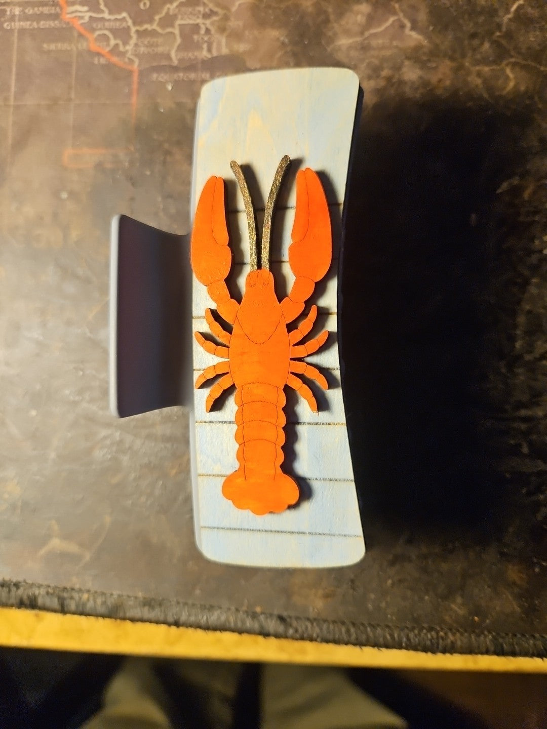 Handmade 3D Wood Cut Lobster On Beach Chair Hair Claw Clip 4"- Hand Painted 
