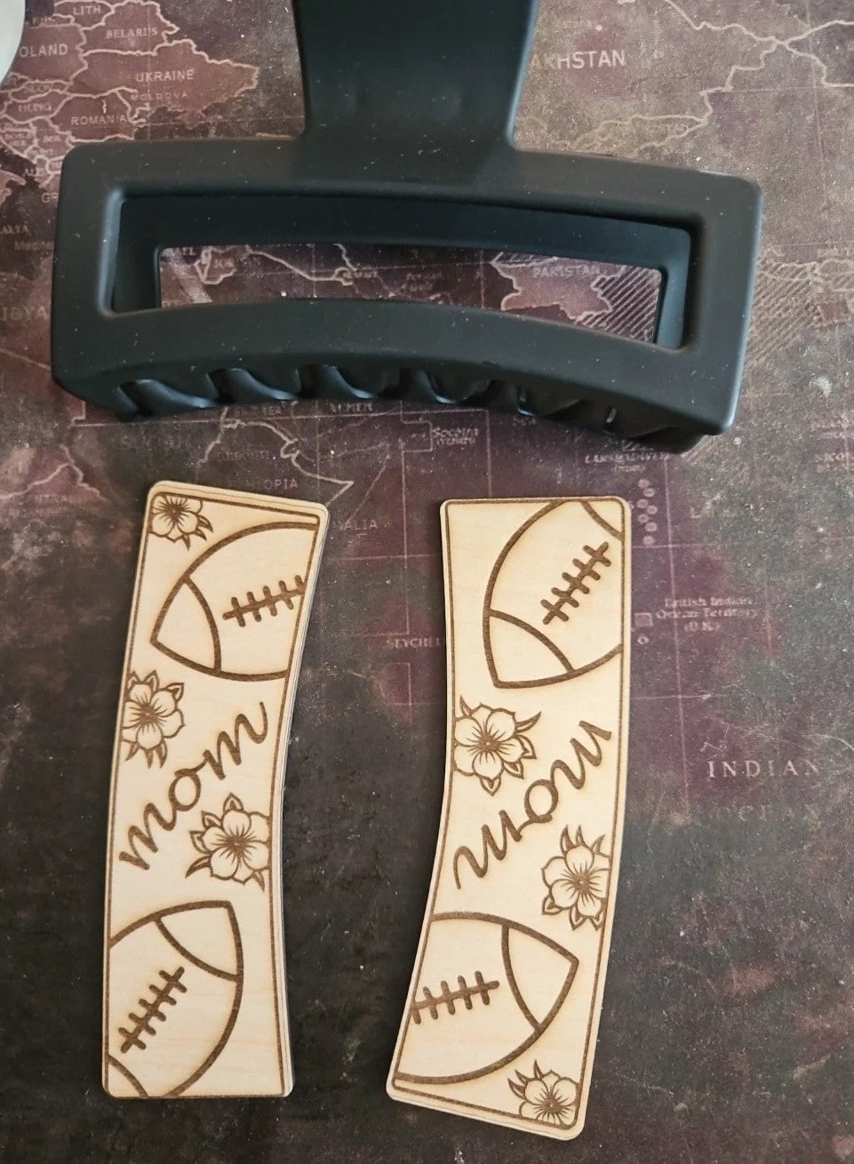 Handmade 2D Wood Cut Football Mom Claw Clip 5" KIT