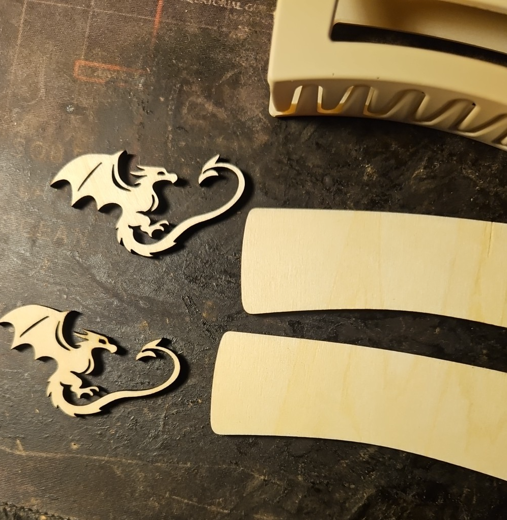 Handmade 3D Wood Cut Double Dragons Hair Claw Clip 3.5" KIT