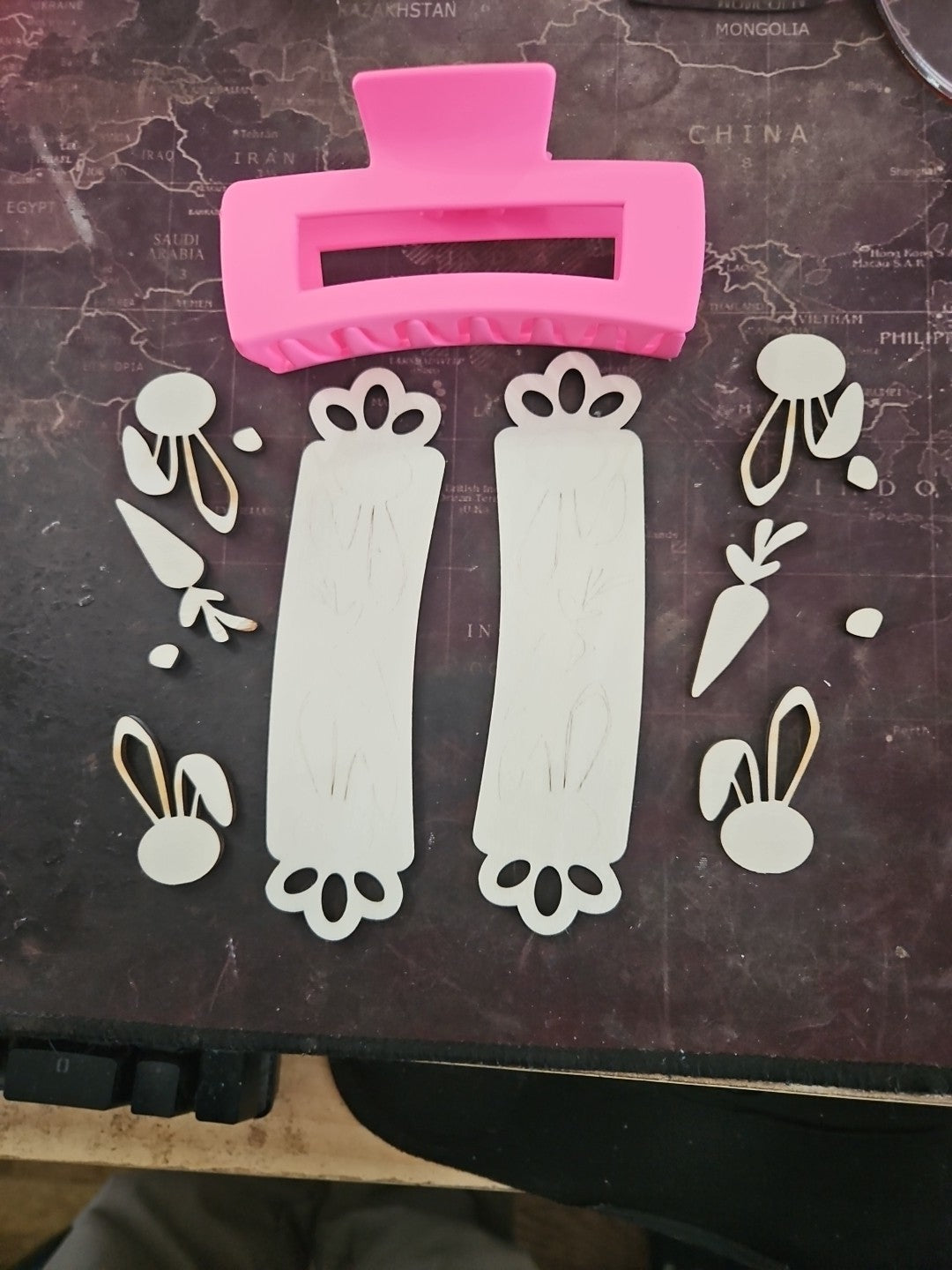 Handmade 3D Wood Cut Easter Bunny With Carrot Hair Claw Clip 4"-  KIT