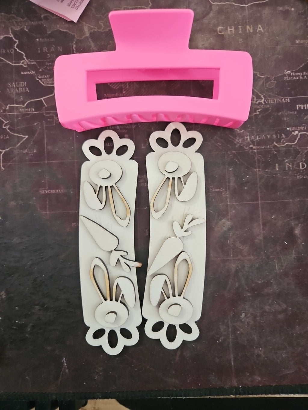 Handmade 3D Wood Cut Easter Bunny With Carrot Hair Claw Clip 4"-  KIT