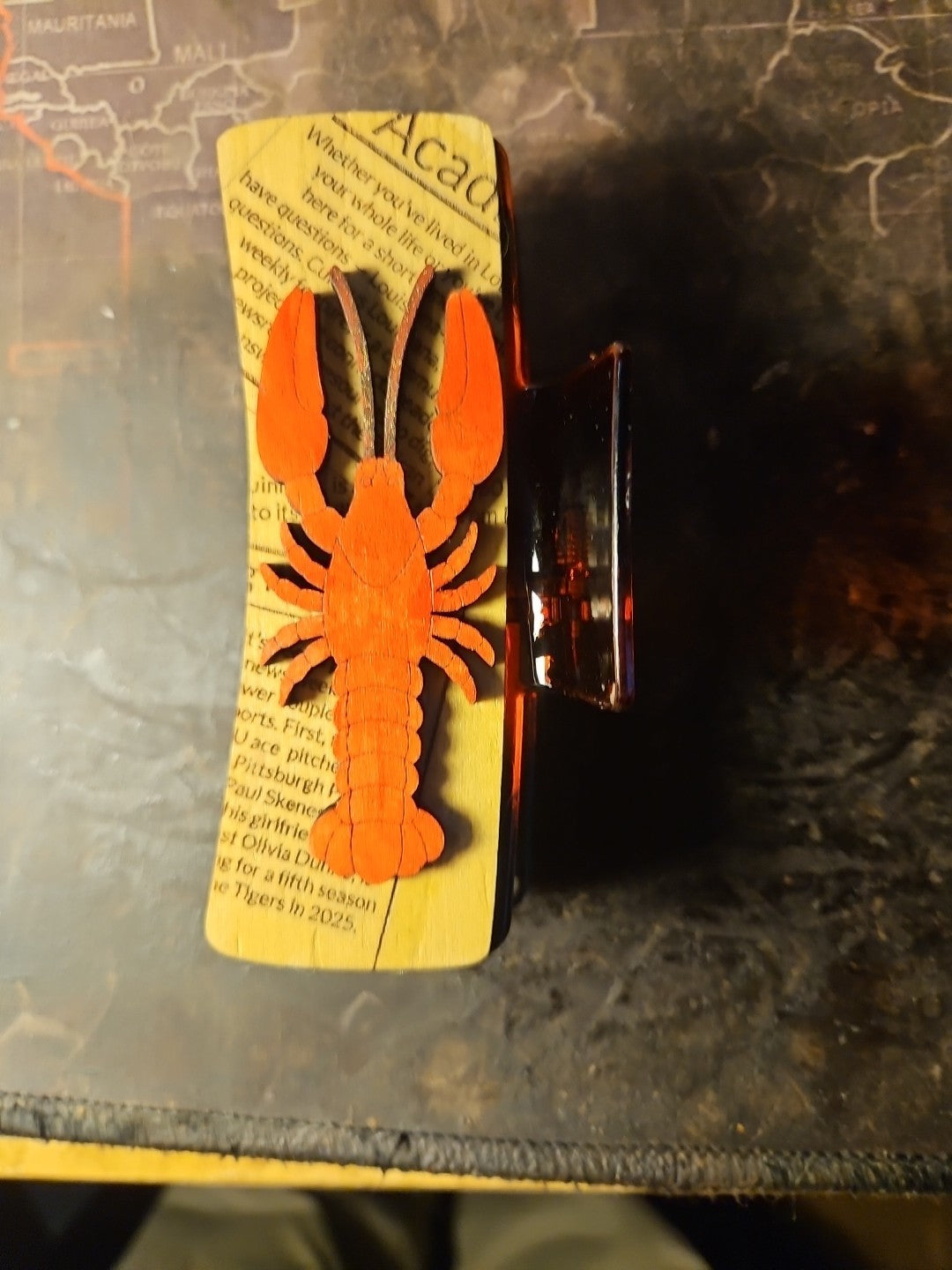 Handmade 3D Wood Cut Lobster On Newspaper Hair Claw Clip 4"- Hand Painted and As