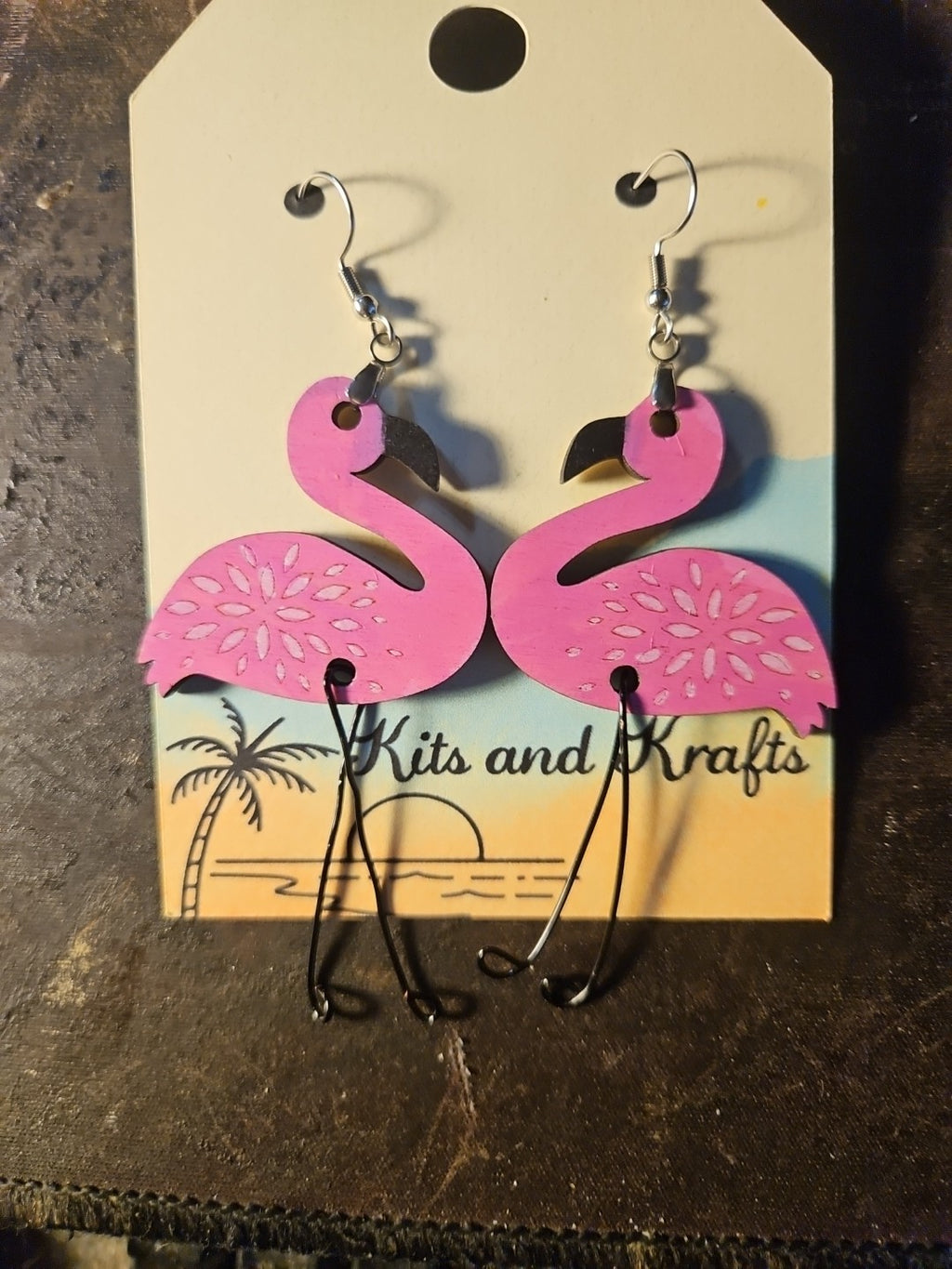 Handmade 3D Wood Cut Pink Flamingo Earrings 2 1/2"