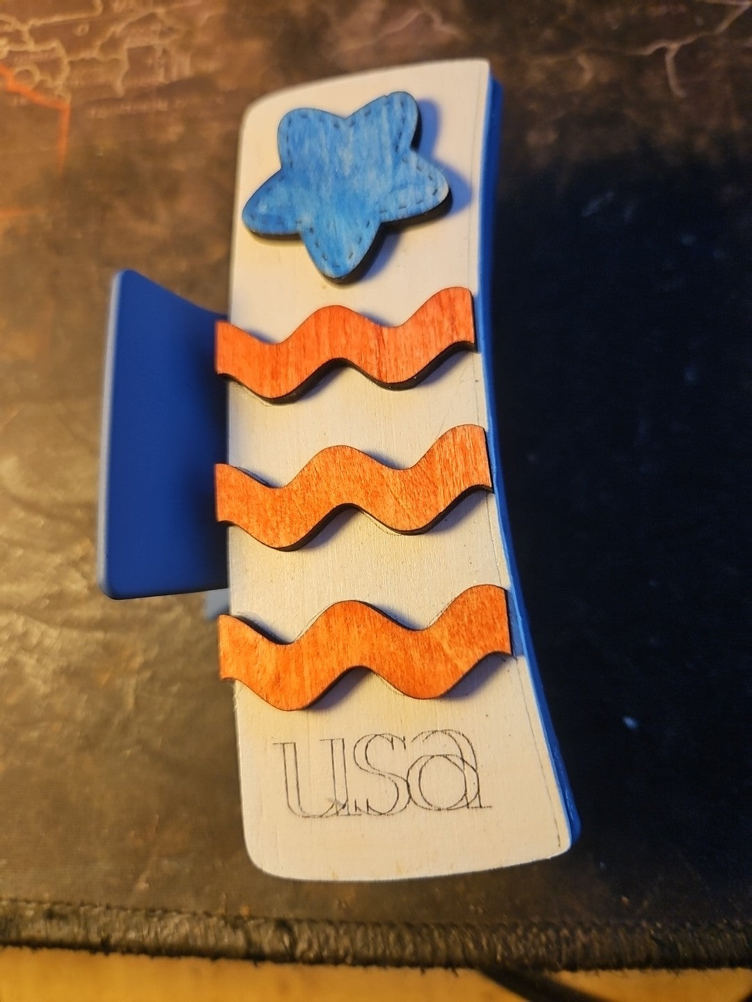 Handmade 3D Wood Cut "USA" Hair Claw Clip 4"- Hand Painted and Assembled