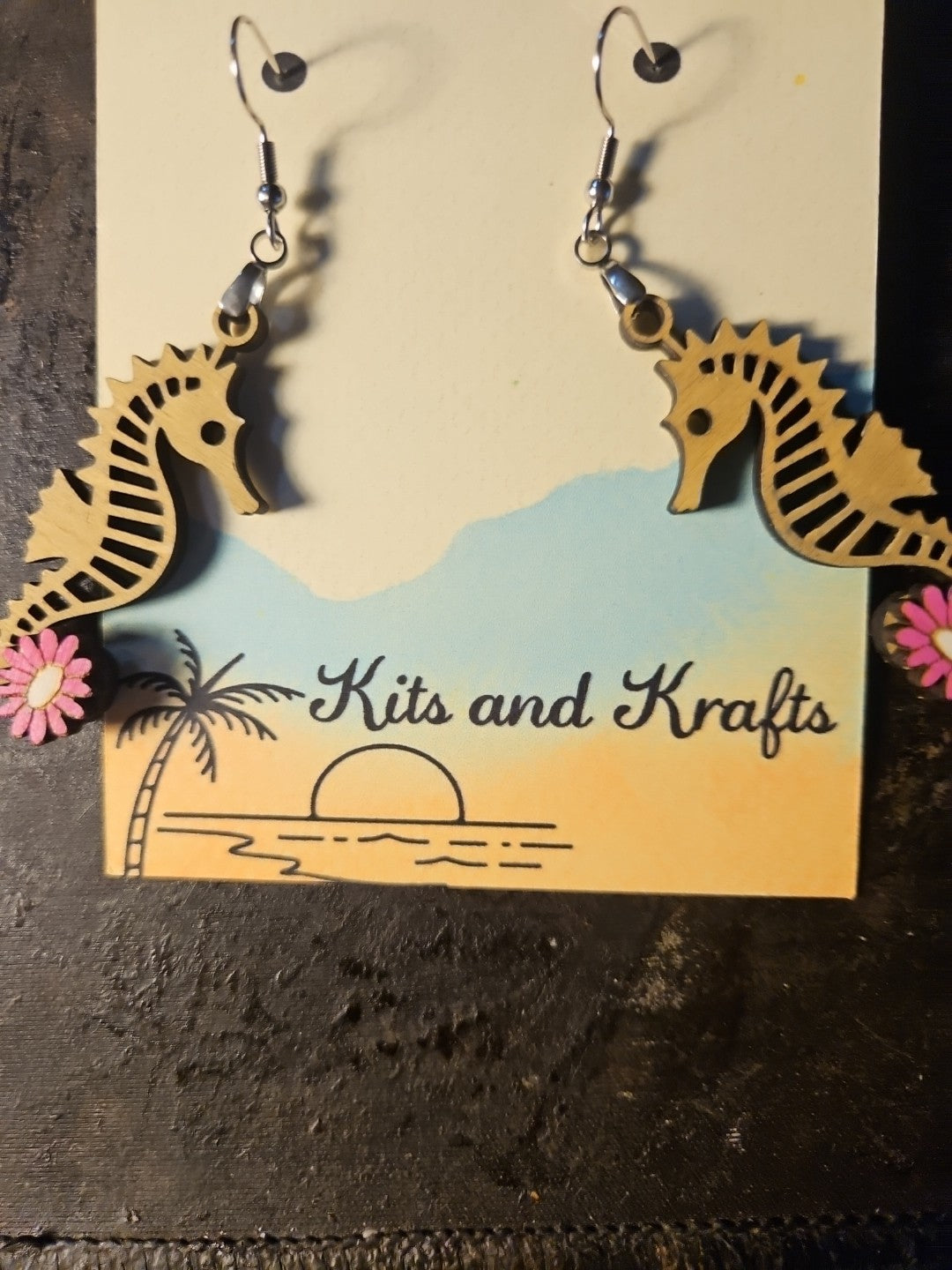 Handmade 3D Wood Cut Seahorse Earrings 2"