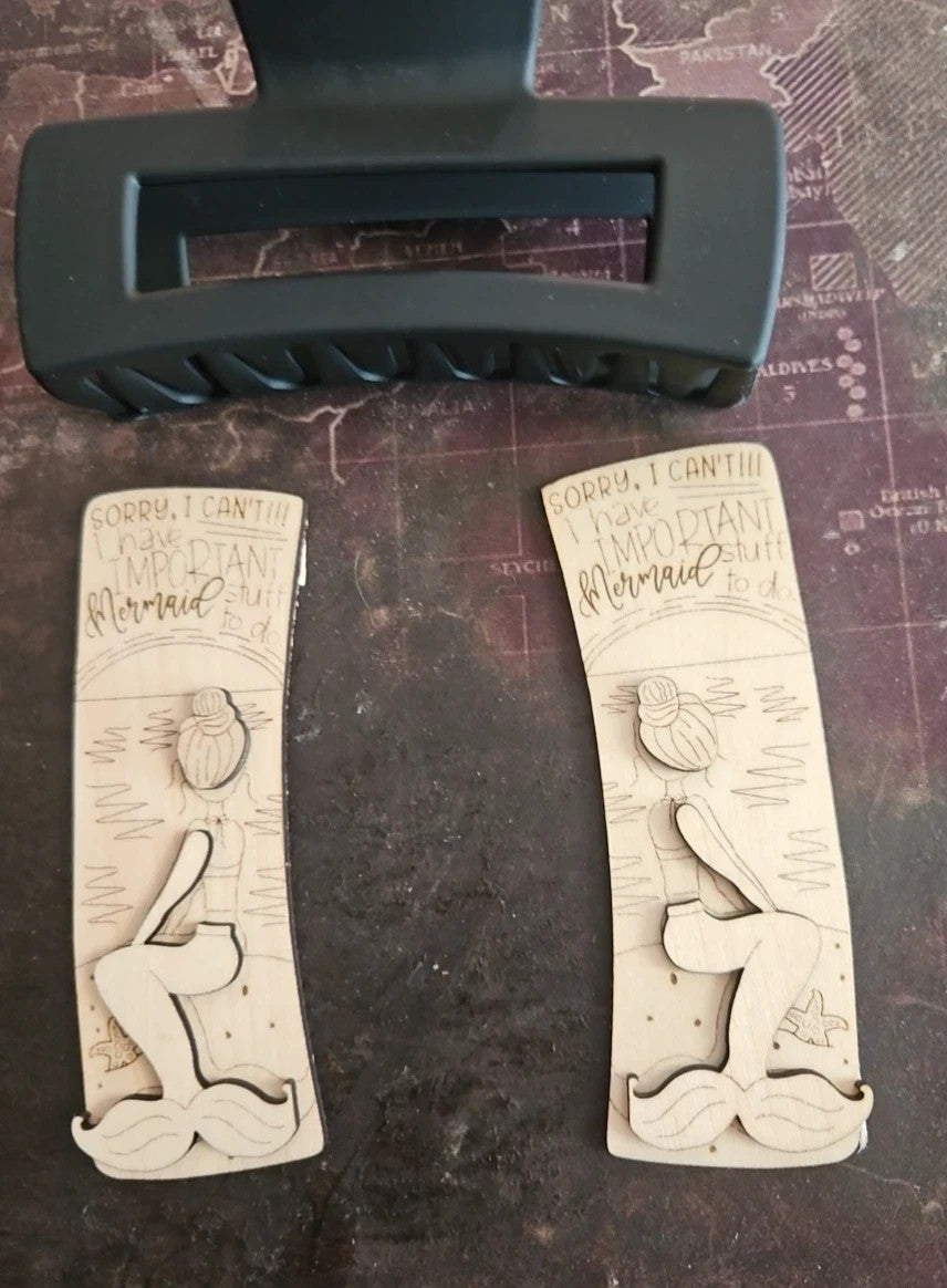 Handmade 3D Wood Cut Mermaid Hair Claw Clip 4" KIT