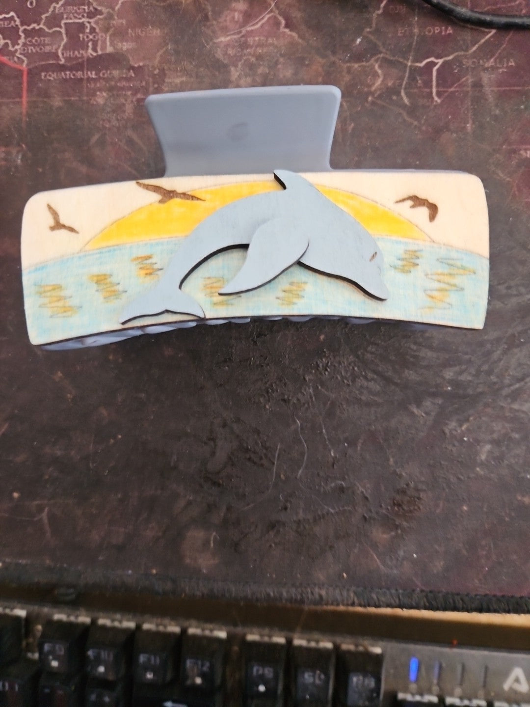 Handmade 3D Wood Cut Dolphin Hair Claw Clip 4"- Hand Painted and Assembled