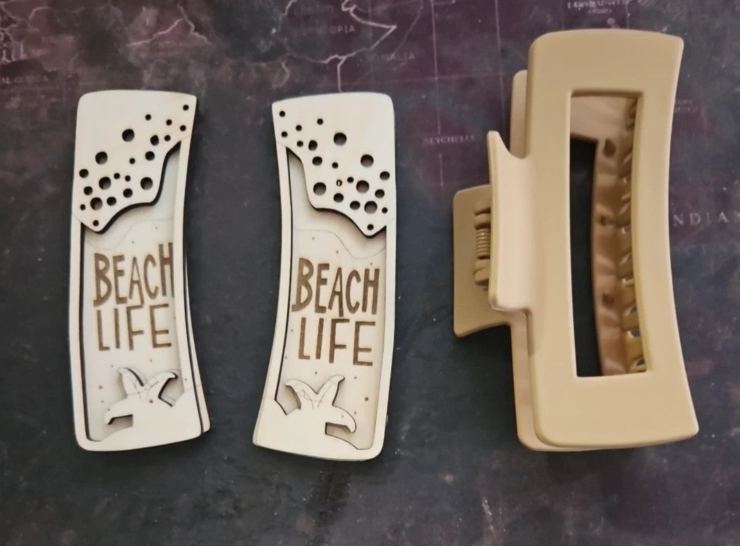 Handmade 3D Wood Cut Beach Life Hair Claw Clip 4" KIT