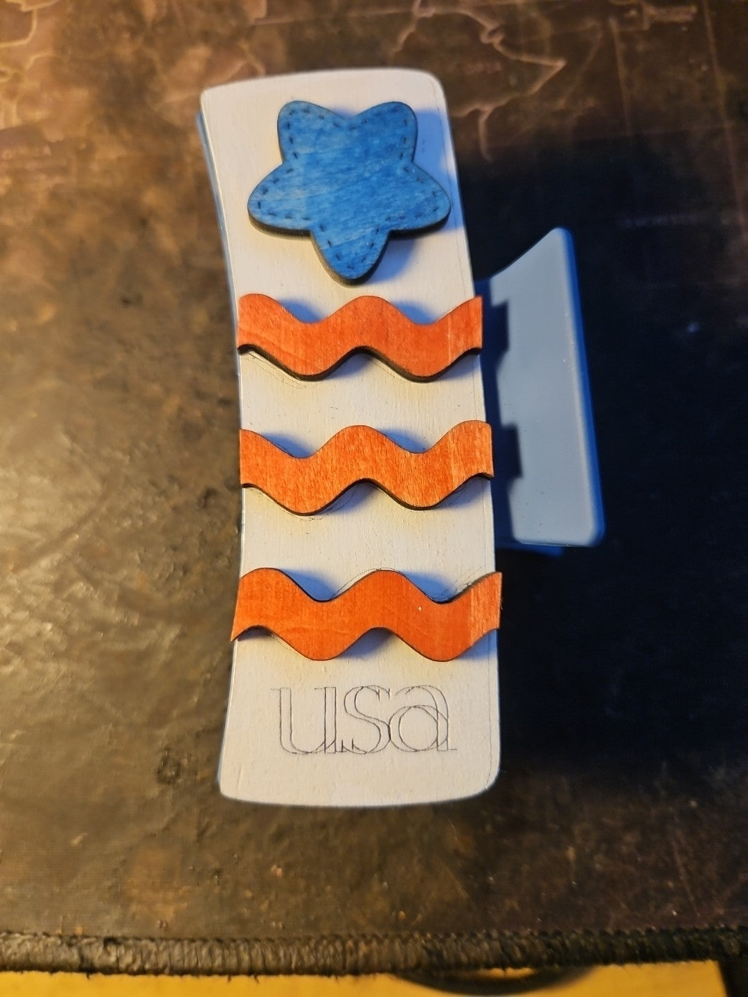 Handmade 3D Wood Cut "USA" Hair Claw Clip 4"- Hand Painted and Assembled