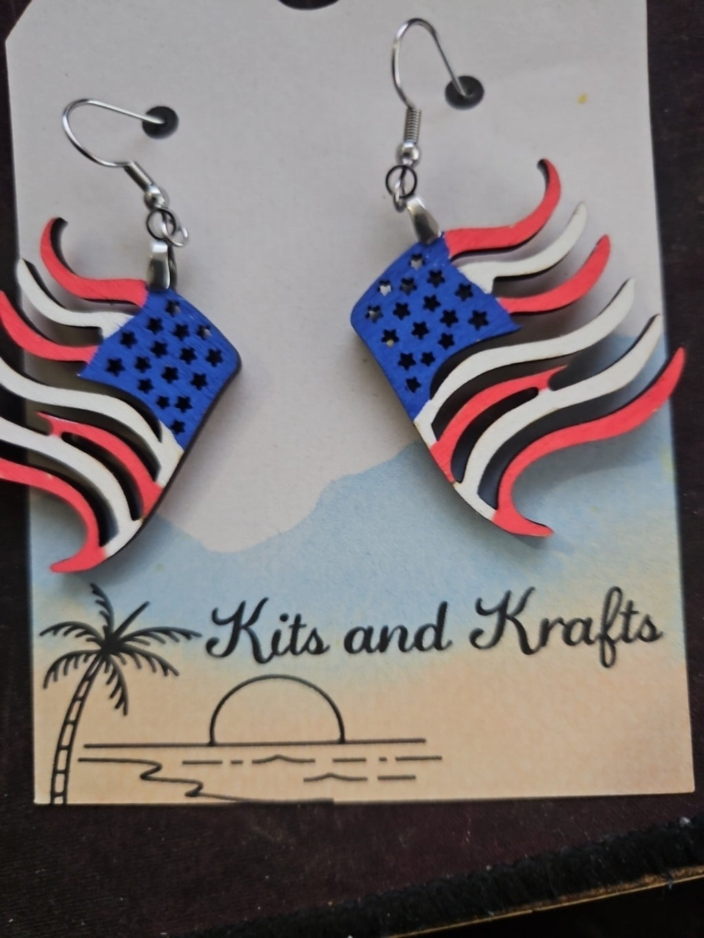 Handmade 3D Wood Cut American Flag  Earrings 1 1/2"