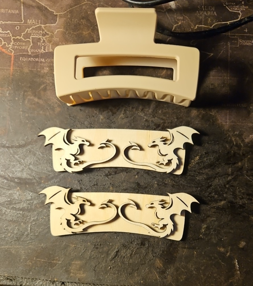 Handmade 3D Wood Cut Double Dragons Hair Claw Clip 3.5" KIT