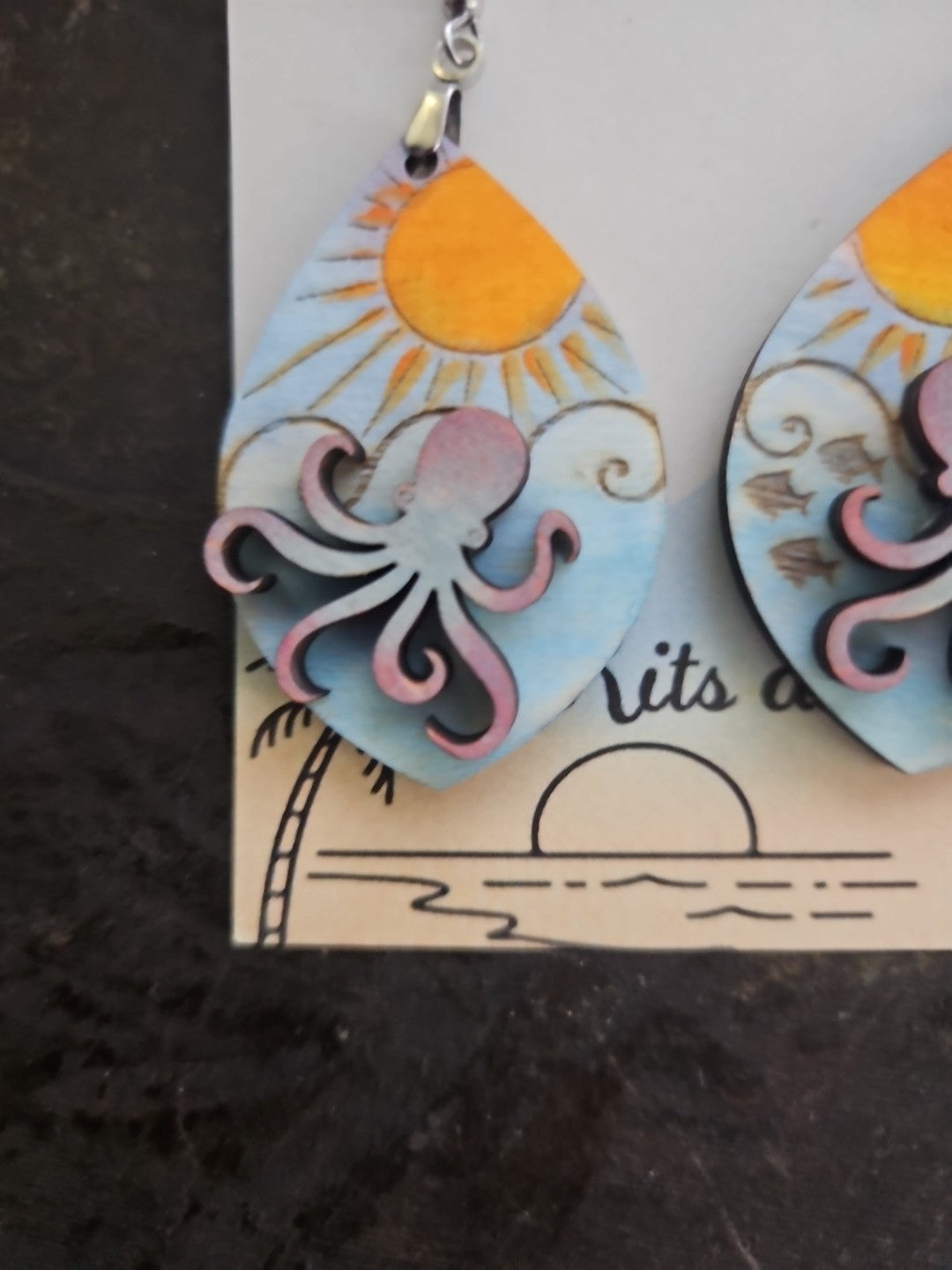 Handmade 3D Wood Cut Octopus  Earrings 2"