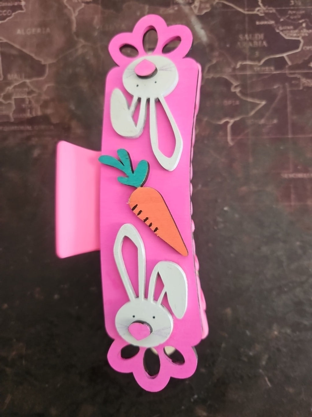 Handmade 3D Wood Cut Easter Bunny With Carrot Hair Claw Clip 4" Hand Painted 