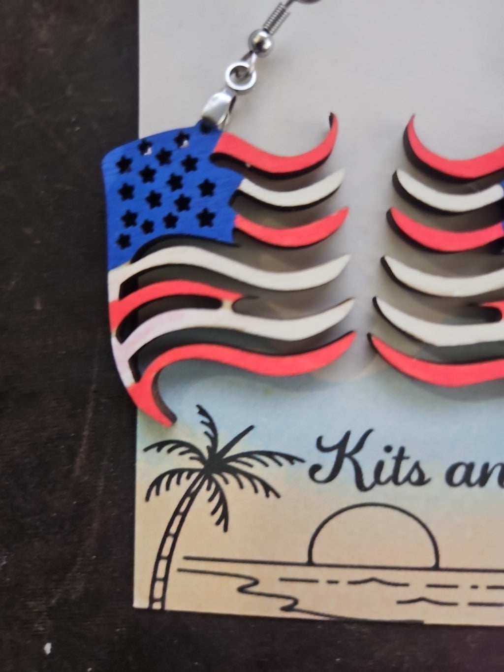 Handmade 3D Wood Cut American Flag  Earrings 1 1/2"
