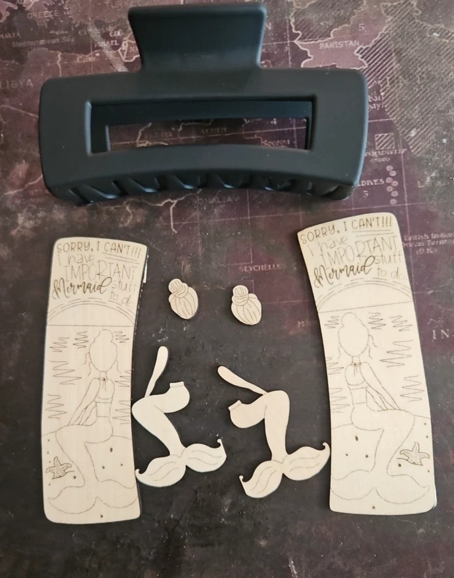 Handmade 3D Wood Cut Mermaid Hair Claw Clip 4" KIT