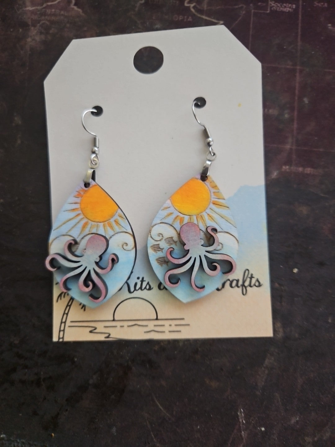 Handmade 3D Wood Cut Octopus  Earrings 2"