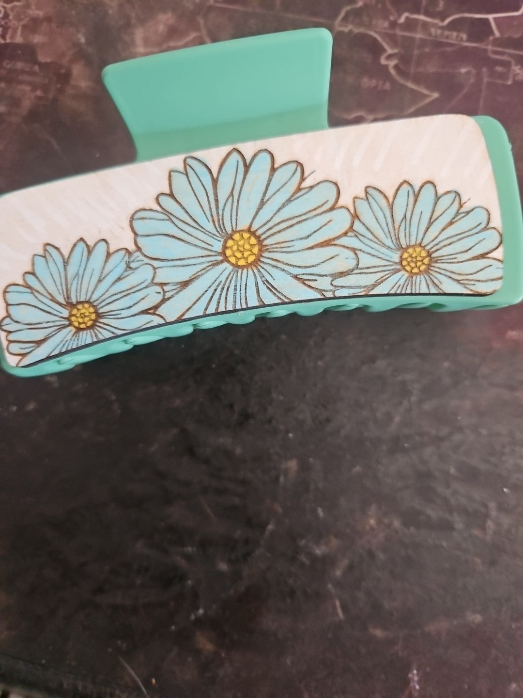 Handmade 2D Wood Cut Daisys Hair Claw Clip 4" Hand Painted and Assembled
