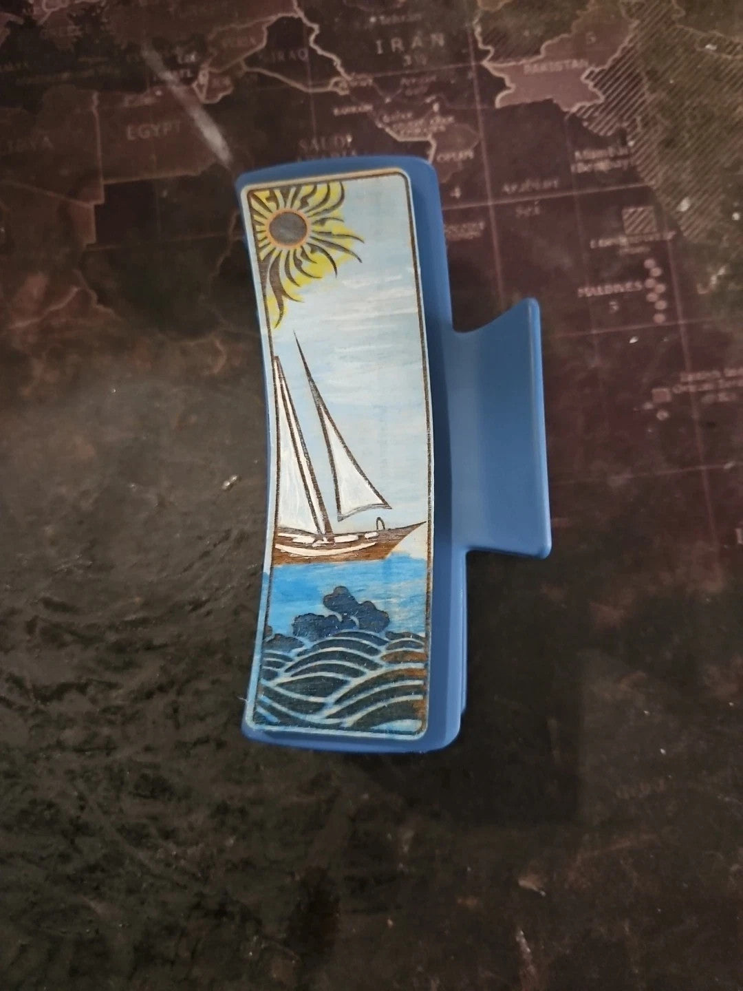 Handmade 3D Wood Cut Sailboat Hair Claw Clip 4" Hand Painted and Assembled