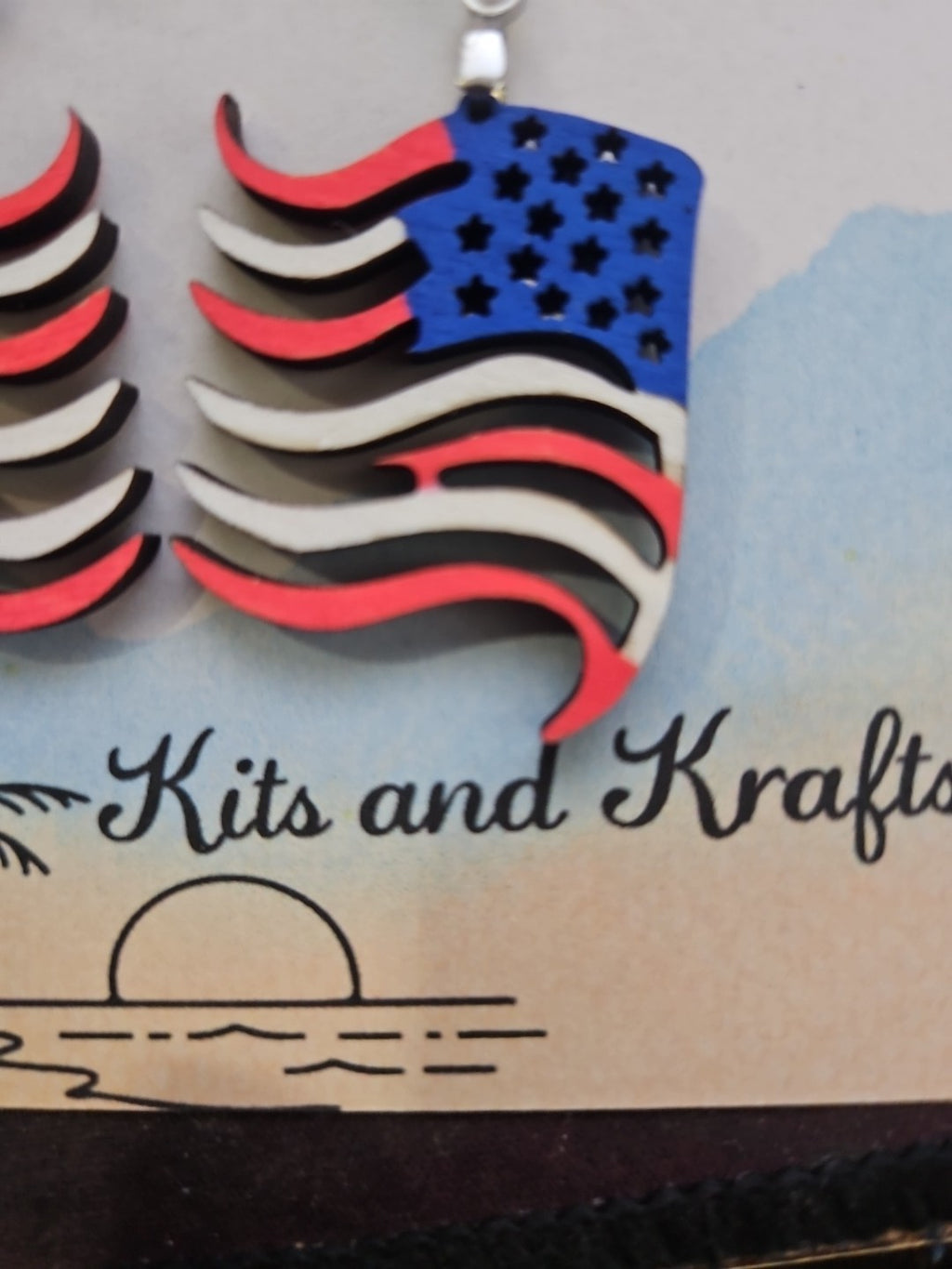 Handmade 3D Wood Cut American Flag  Earrings 1 1/2"