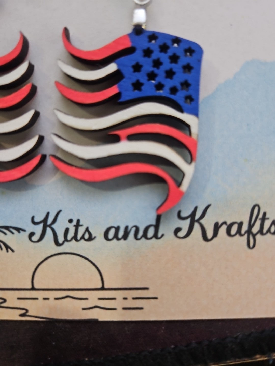 Handmade 3D Wood Cut American Flag  Earrings 1 1/2"