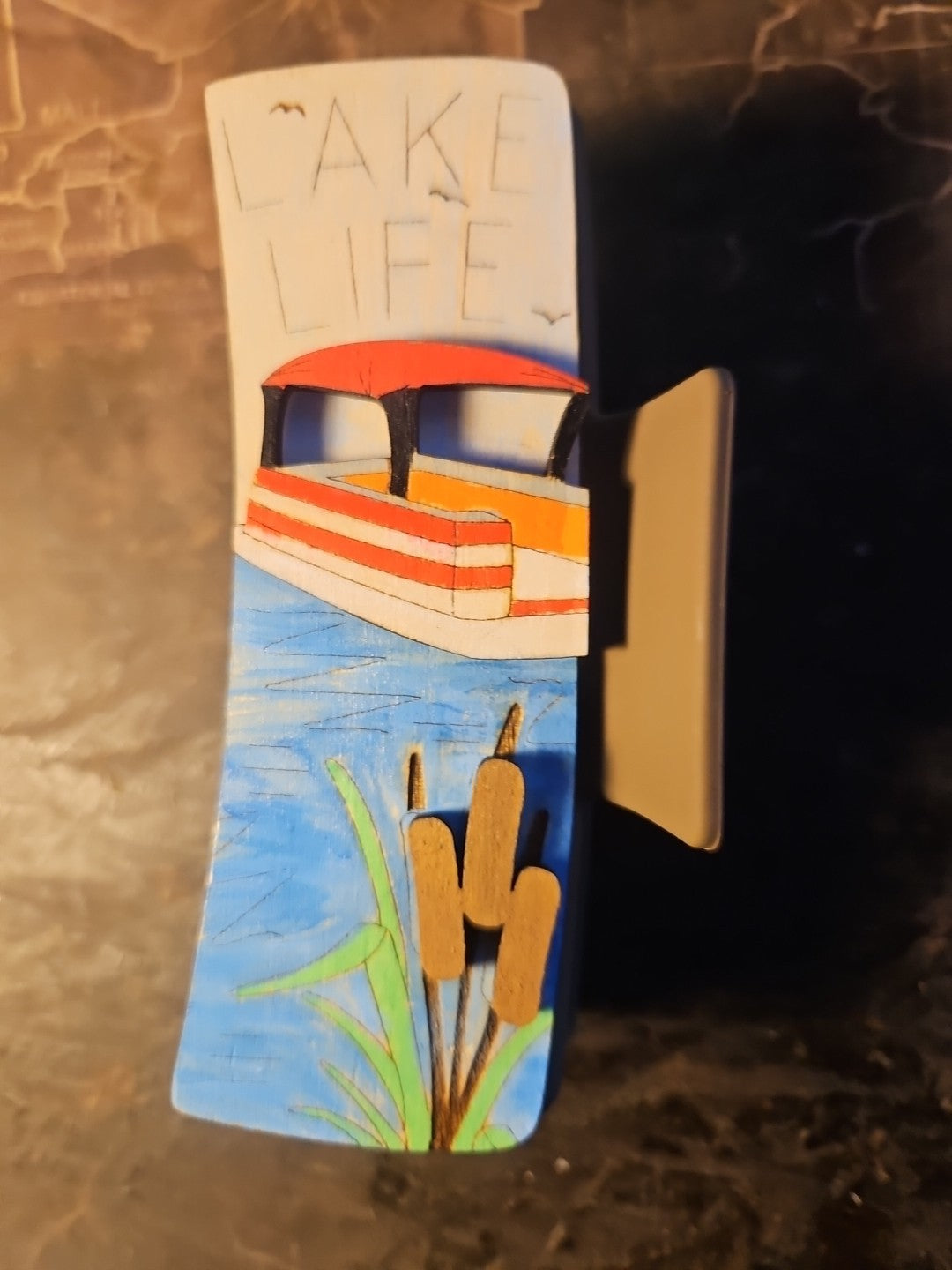 Handmade 3D Wood Cut "Lake Life" Hair Claw Clip 4" - Hand Painted and Assembled