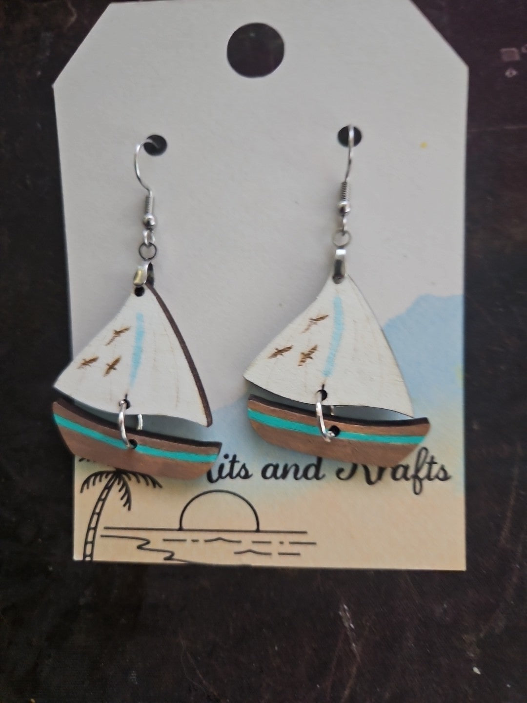 Handmade 3D Wood Cut Sailboat Earrings 1  1/2"