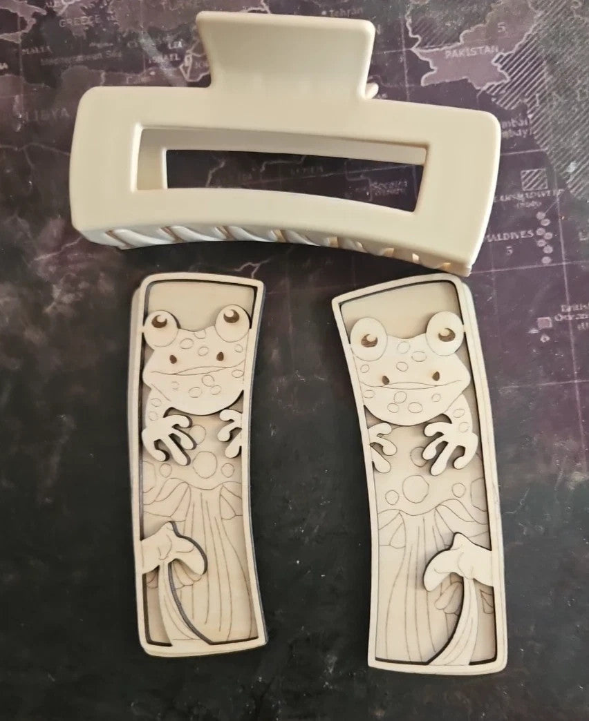 Handmade 3D Wood Cut Frog On Mushroom Hair Claw Clip 4" KIT