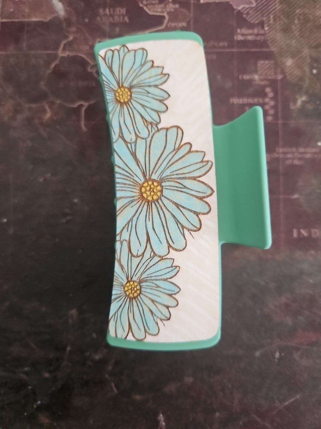 Handmade 2D Wood Cut Daisys Hair Claw Clip 4" Hand Painted and Assembled
