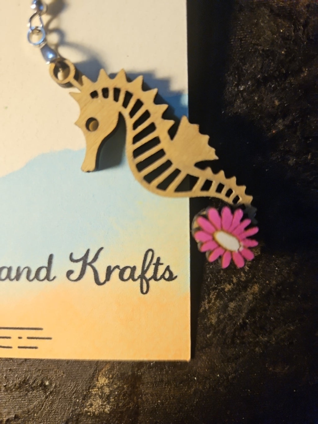 Handmade 3D Wood Cut Seahorse Earrings 2"