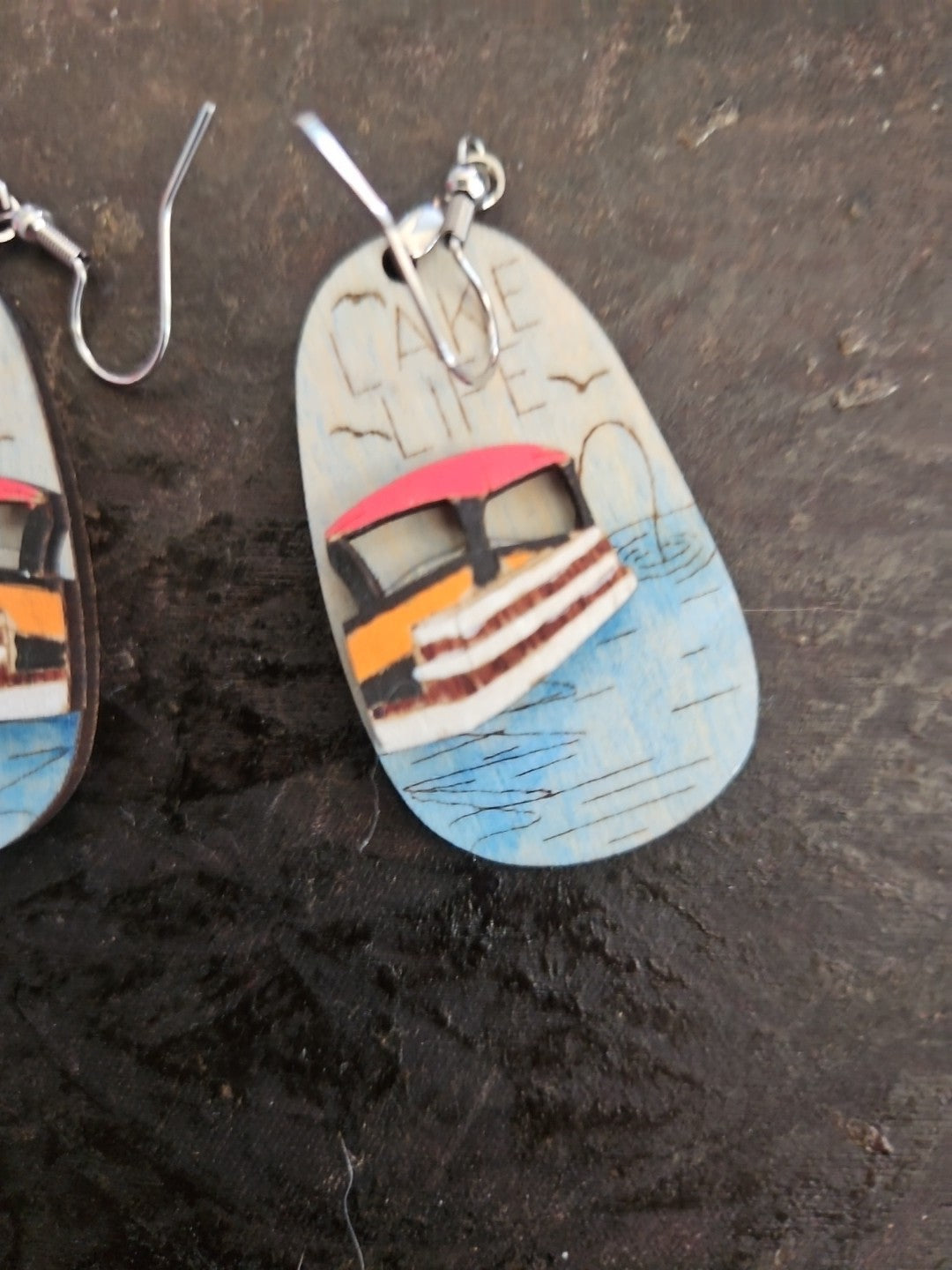 Handmade 3D Wood Cut Lake Life Earrings 2"