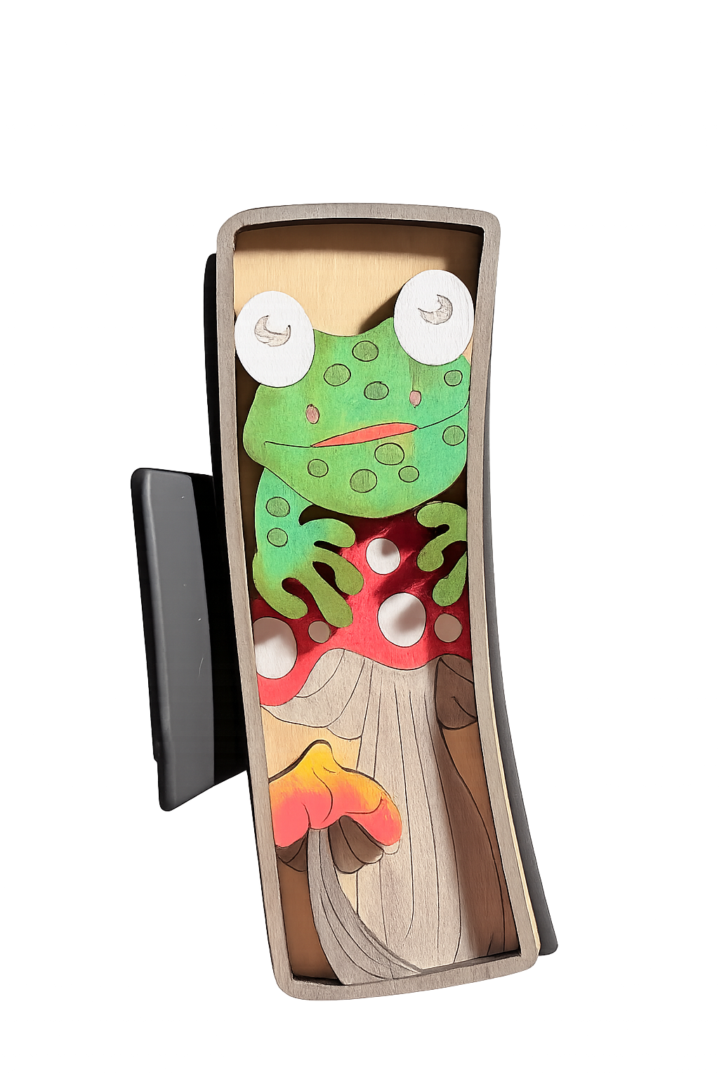 Handmade 3D Wood Cut Frog On Mushroom Hair Claw Clip 4" KIT